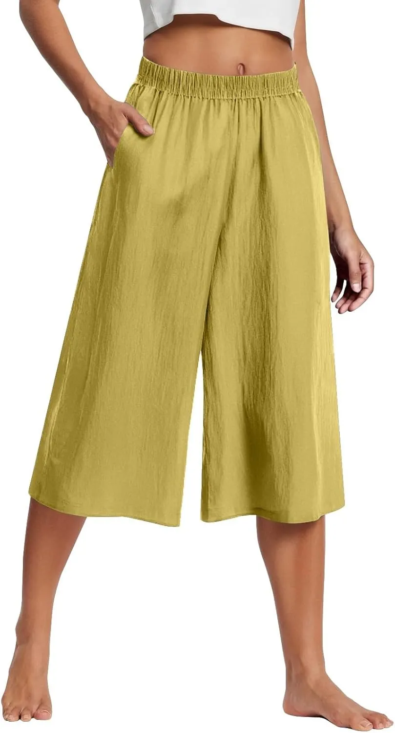 Cropped Linen Pants Women Plus Size Elastic Waist Wide Leg Lounge Pants with Pockets Comfy Summer Cotton Beach Pants