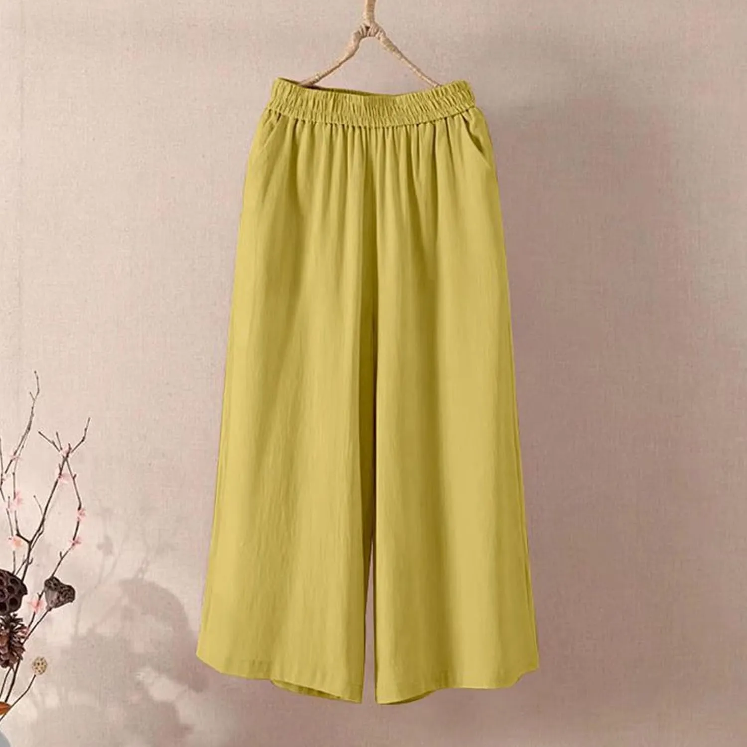 Cropped Linen Pants Women Plus Size Elastic Waist Wide Leg Lounge Pants with Pockets Comfy Summer Cotton Beach Pants