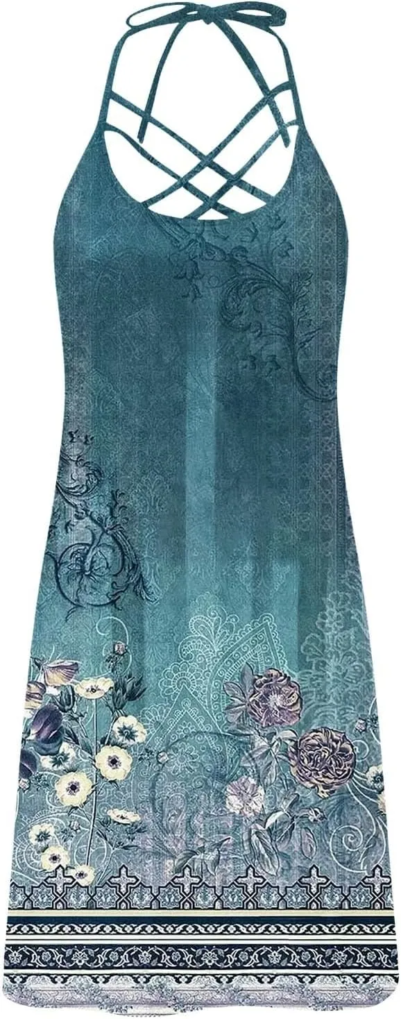 Cruise Dresses for Women 2025 Sleeveless Spaghetti Straps Sundress Beach Vacation Summer Trendy Mini Printed Dress