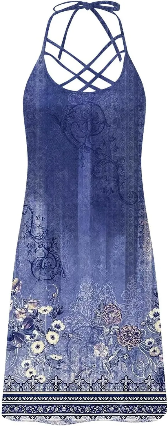Cruise Dresses for Women 2025 Sleeveless Spaghetti Straps Sundress Beach Vacation Summer Trendy Mini Printed Dress