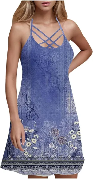Cruise Dresses for Women 2025 Sleeveless Spaghetti Straps Sundress Beach Vacation Summer Trendy Mini Printed Dress