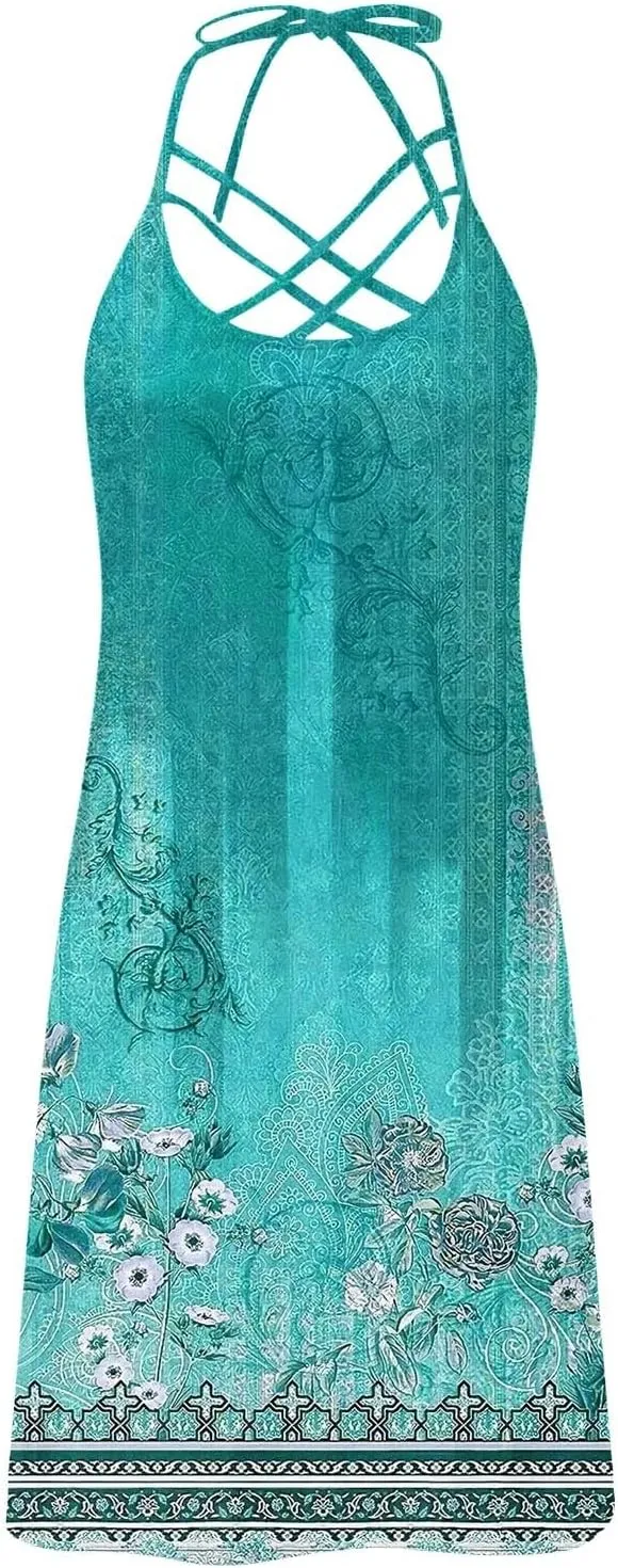 Cruise Dresses for Women 2025 Sleeveless Spaghetti Straps Sundress Beach Vacation Summer Trendy Mini Printed Dress