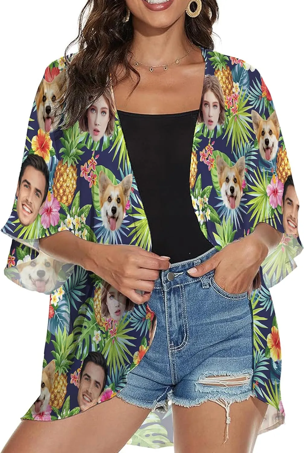 Custom Hawaiian Women Cardigan W/Face Personalized Funny Floral Woman 3/4 Sleeves Open Front Ruffles Tops