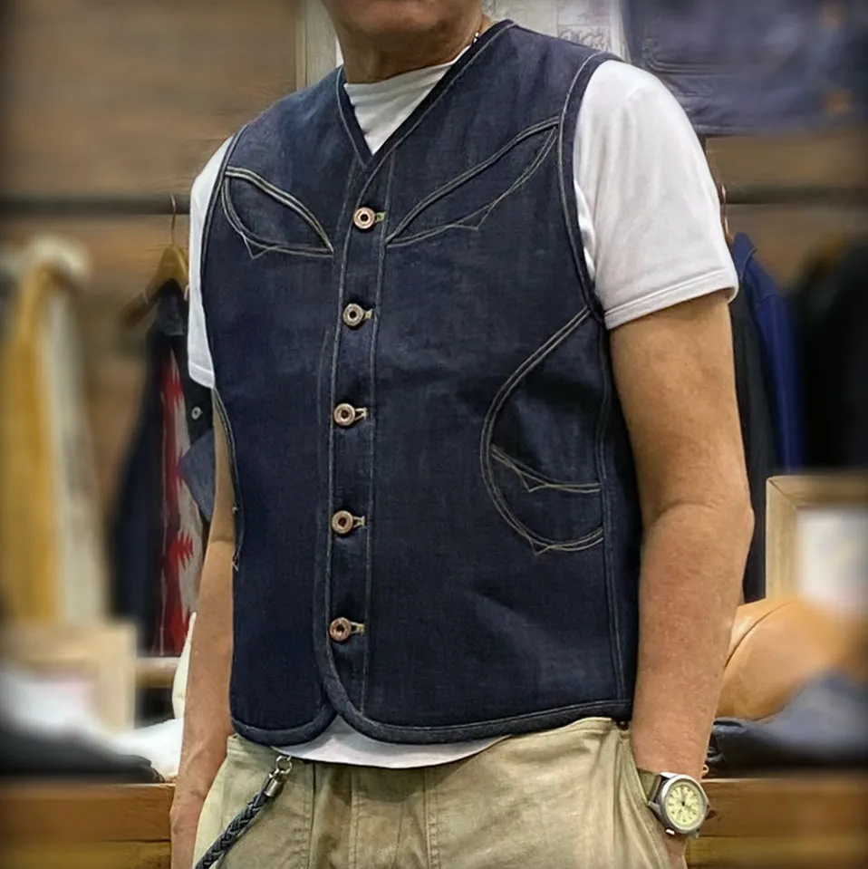 DDL 320-BRETT OV REGULAR FIT 6 POCKET CONE DENIM ORGANIC COTTON VEST-12.75oz-RAW INDIGO