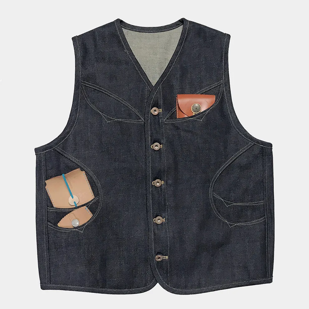 DDL 320-BRETT OV REGULAR FIT 6 POCKET CONE DENIM ORGANIC COTTON VEST-12.75oz-RAW INDIGO