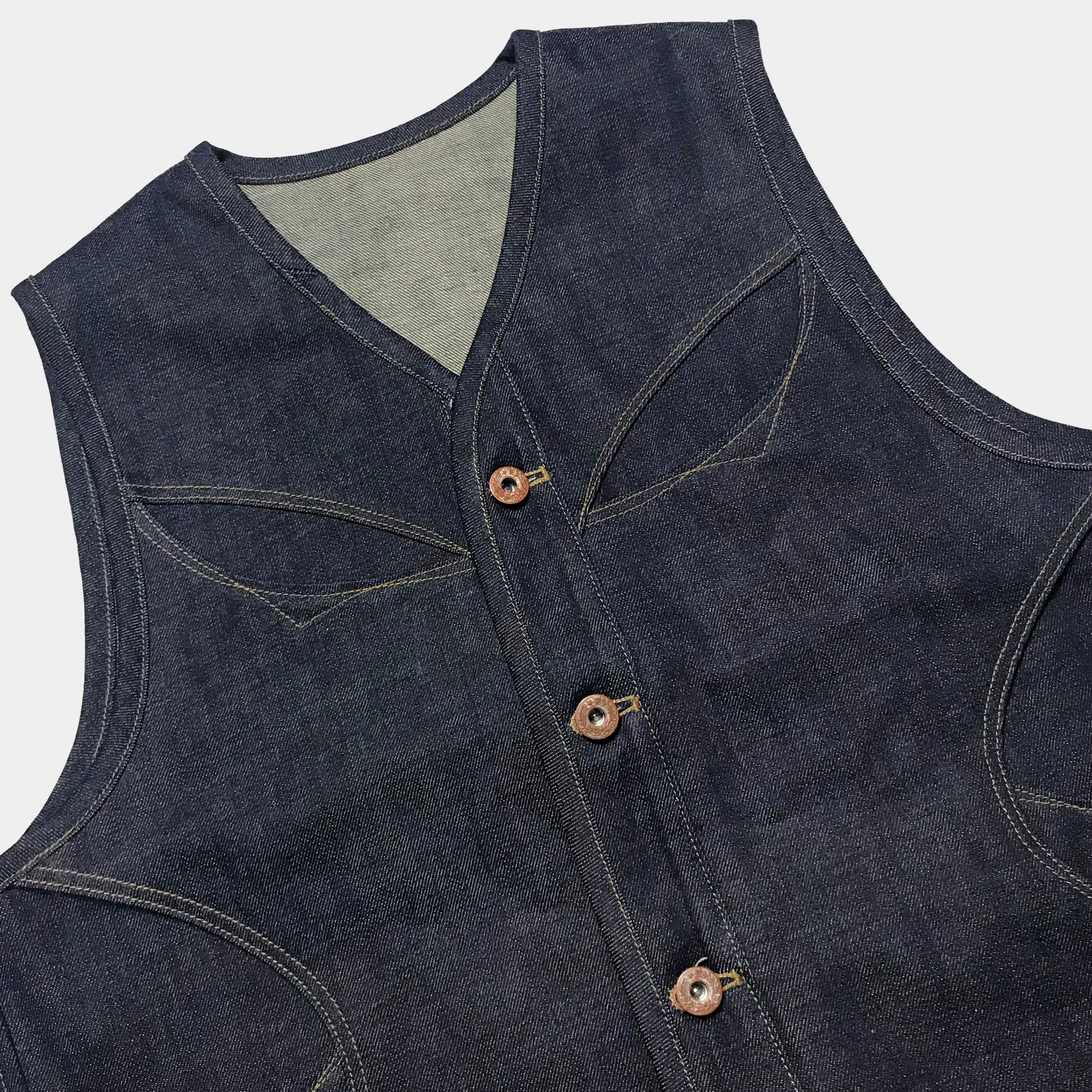 DDL 320 BRETT-OVe REGULAR FIT 6 POCKET CONE DENIM ORGANIC COTTON VEST EMBELISHED 'SINCE BACK IN THE DAYS' EMBROIDERY-12.75oz-RAW INDIGO