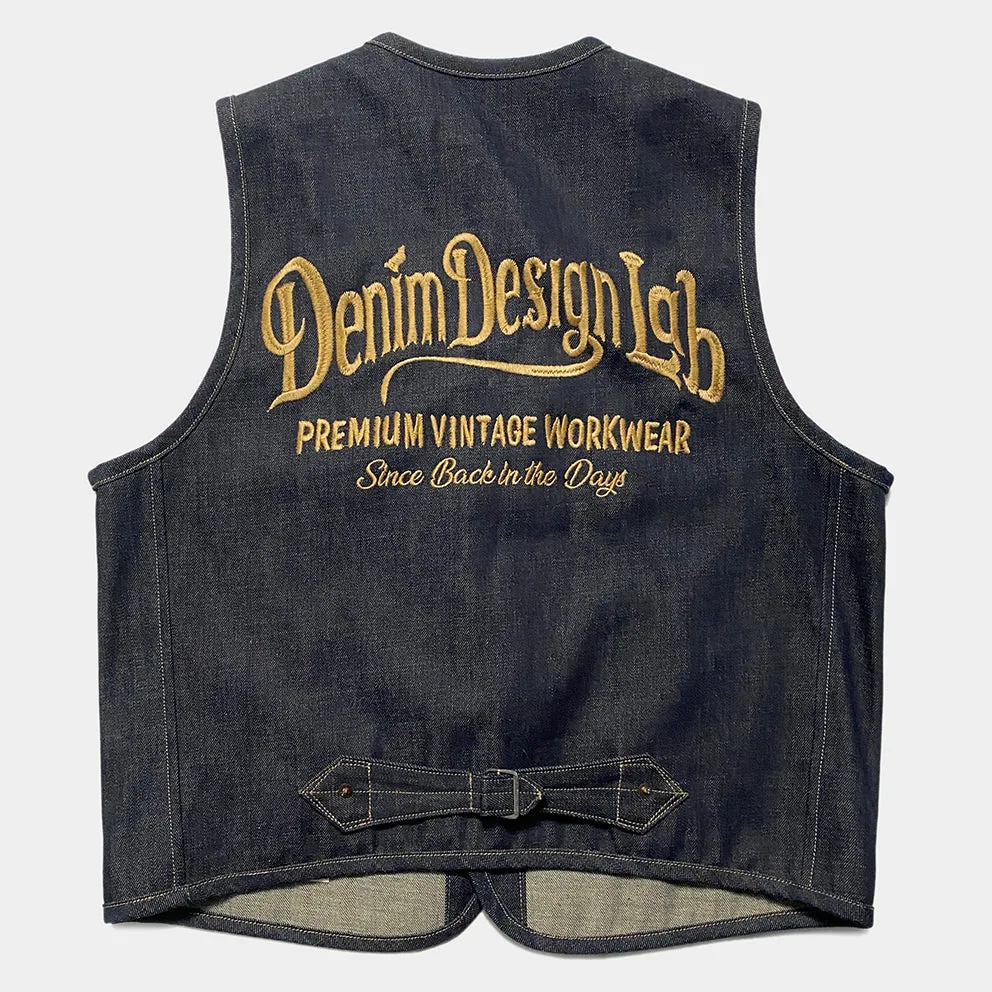 DDL 320 BRETT-OVe REGULAR FIT 6 POCKET CONE DENIM ORGANIC COTTON VEST EMBELISHED 'SINCE BACK IN THE DAYS' EMBROIDERY-12.75oz-RAW INDIGO