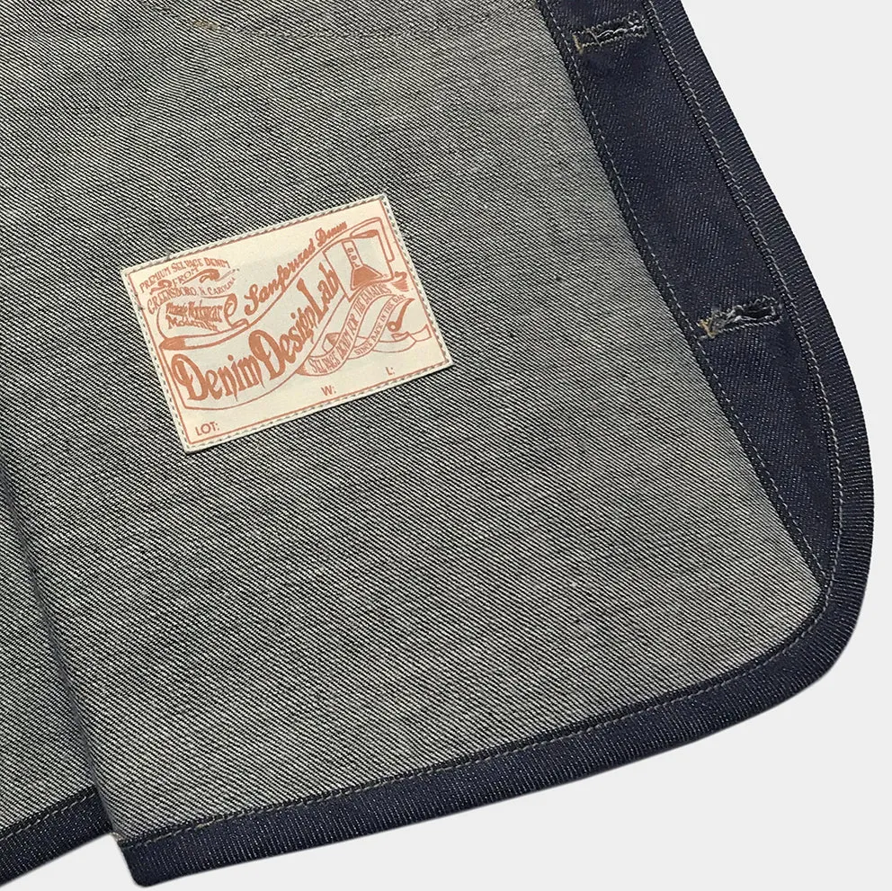 DDL 320 BRETT-OVe REGULAR FIT 6 POCKET CONE DENIM ORGANIC COTTON VEST EMBELISHED 'SINCE BACK IN THE DAYS' EMBROIDERY-12.75oz-RAW INDIGO
