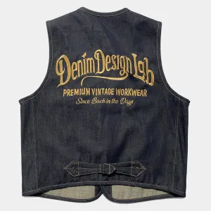 DDL 320 BRETT-OVe REGULAR FIT 6 POCKET CONE DENIM ORGANIC COTTON VEST EMBELISHED 'SINCE BACK IN THE DAYS' EMBROIDERY-12.75oz-RAW INDIGO