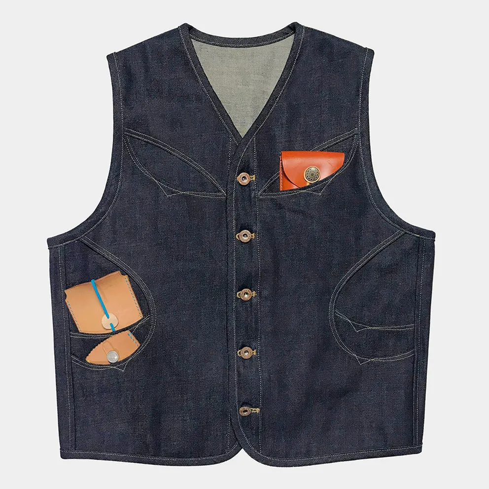 DDL 320 BRETT-OVe REGULAR FIT 6 POCKET CONE DENIM ORGANIC COTTON VEST EMBELISHED 'SINCE BACK IN THE DAYS' EMBROIDERY-12.75oz-RAW INDIGO
