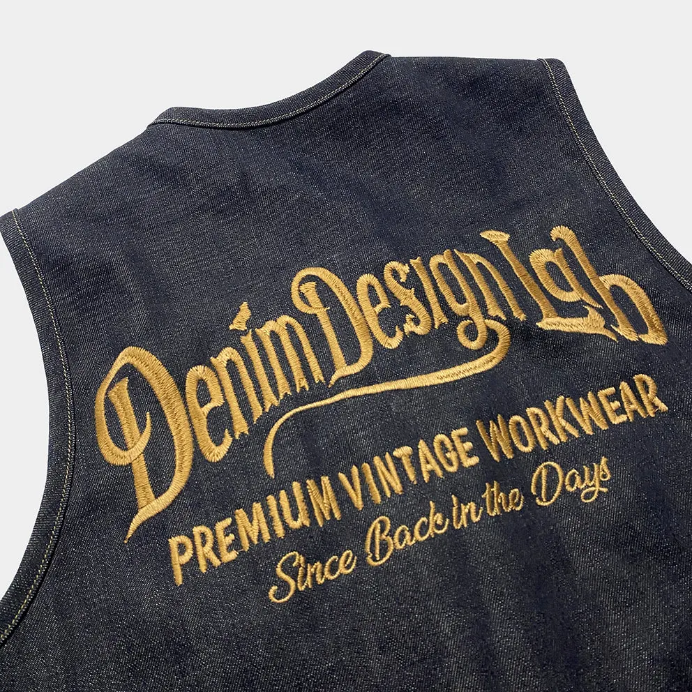 DDL 320 BRETT-OVe REGULAR FIT 6 POCKET CONE DENIM ORGANIC COTTON VEST EMBELISHED 'SINCE BACK IN THE DAYS' EMBROIDERY-12.75oz-RAW INDIGO
