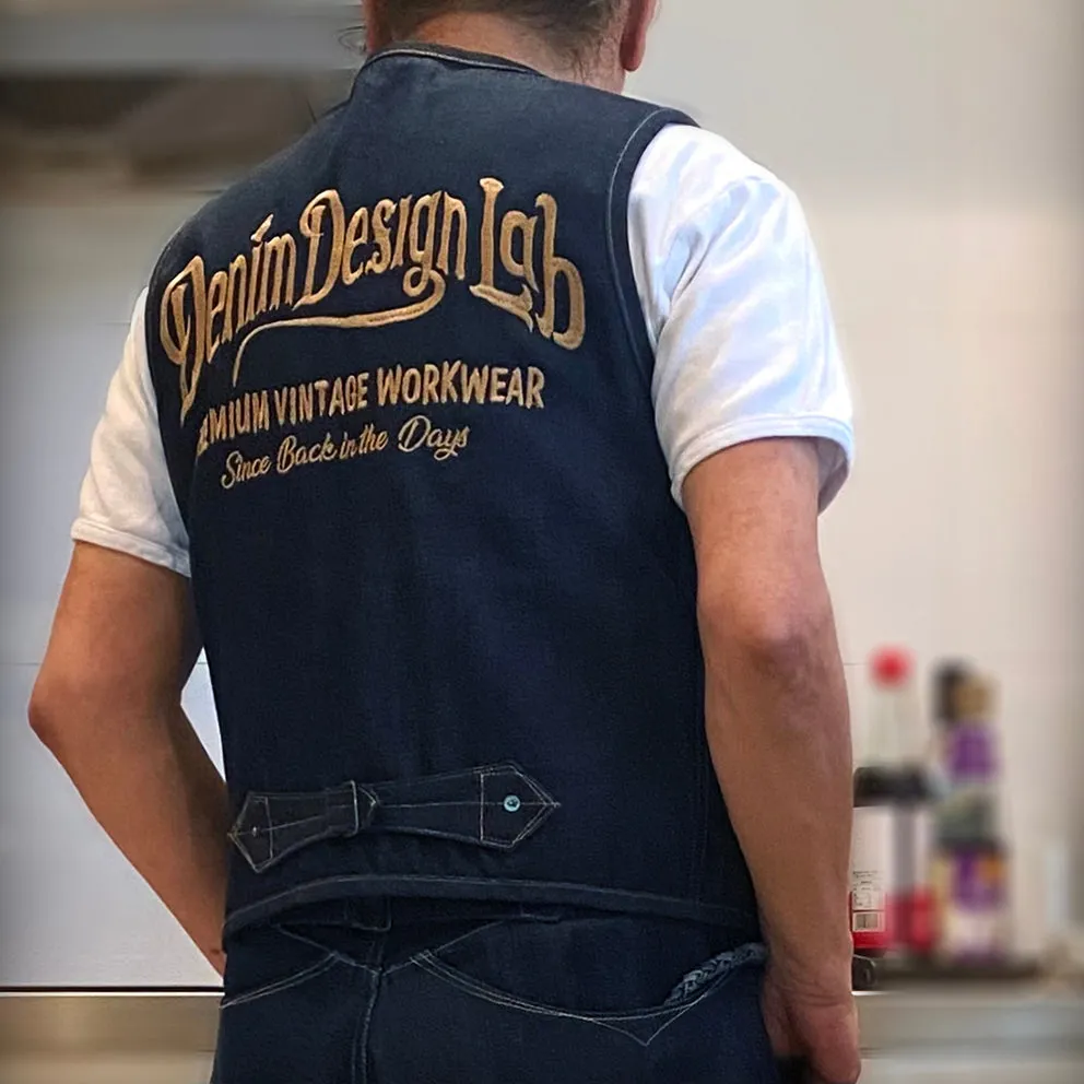 DDL 320 BRETT-OVe REGULAR FIT 6 POCKET CONE DENIM ORGANIC COTTON VEST EMBELISHED 'SINCE BACK IN THE DAYS' EMBROIDERY-12.75oz-RAW INDIGO