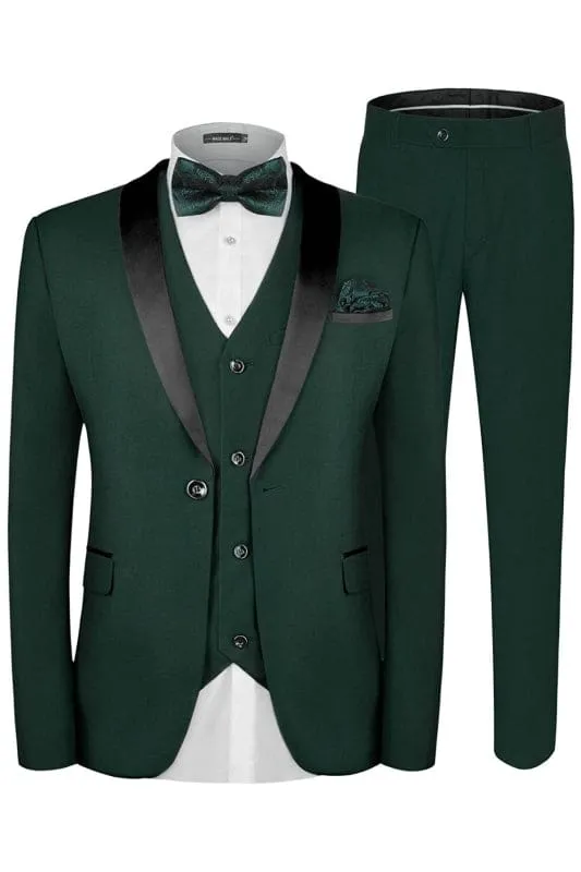 Deep Green Black Lapel Three Pieces One Button Men Suits For Wedding Prom Tuxedo Dinner Party