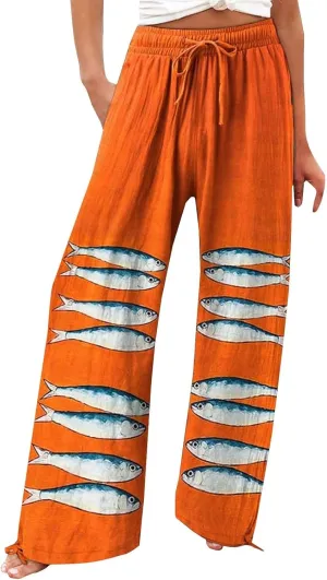 Denim Sweat Art Print Cotton and Linen Casual Pants Casual Wide Leg Trousers Womens Plus Womens (B-Orange, XXL)
