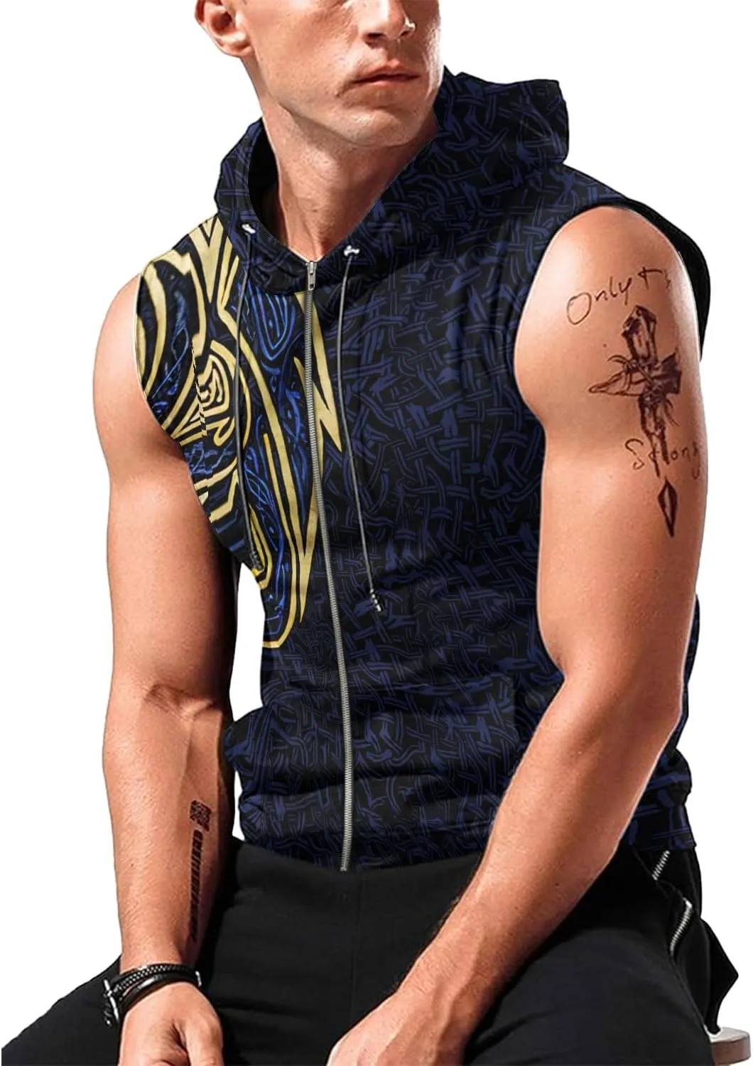 Desantiago Mens Fashion Muscle Hooded Workout Hooded Tank Tops with Pocket Gym Training Zip Hoodies Sleeveless