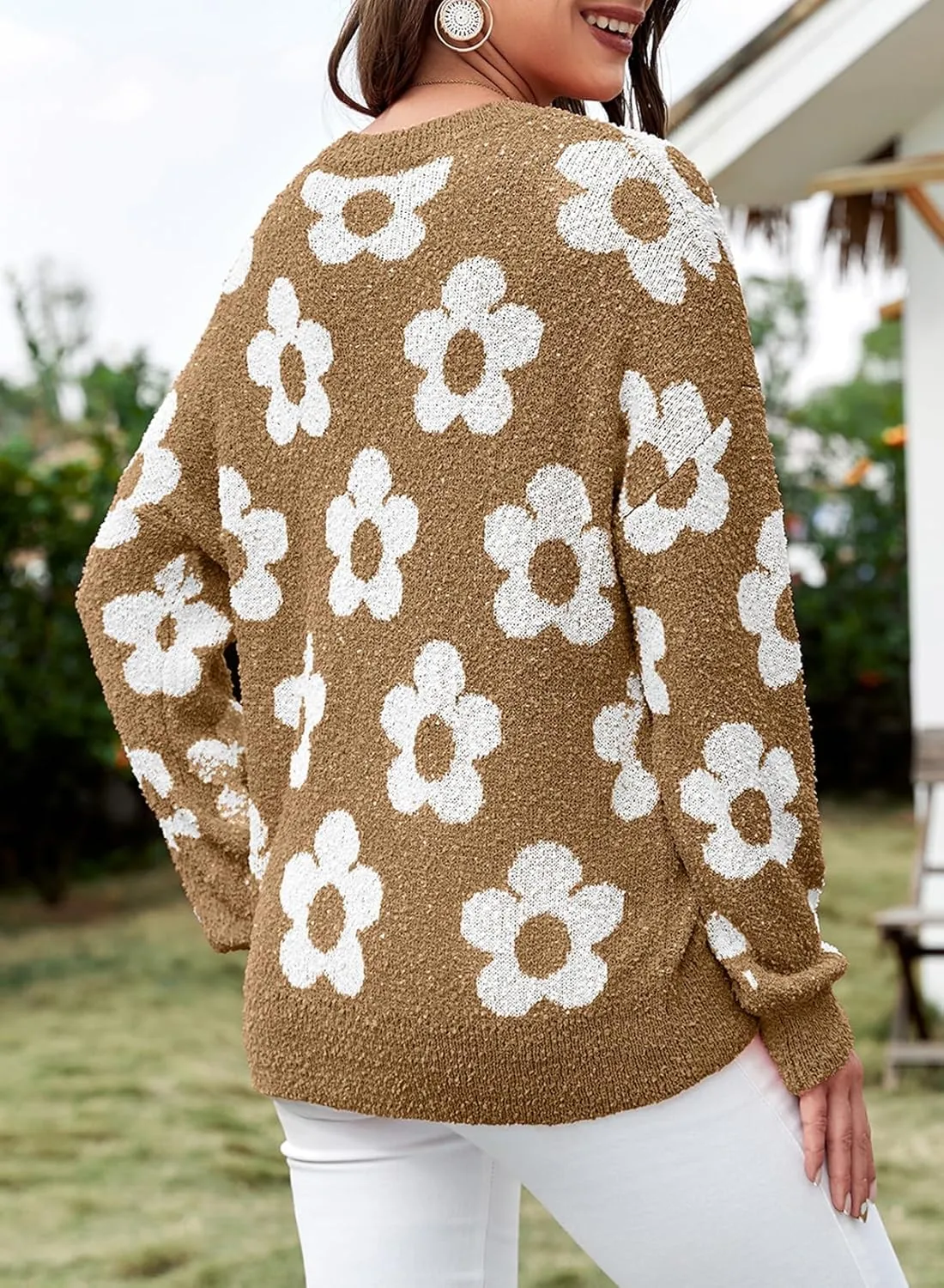 Dokotoo Flowers Sweater Ivory Flora Crewneck Cute Casual Long Sleeve Fall Winter Knitted Pullover Tops