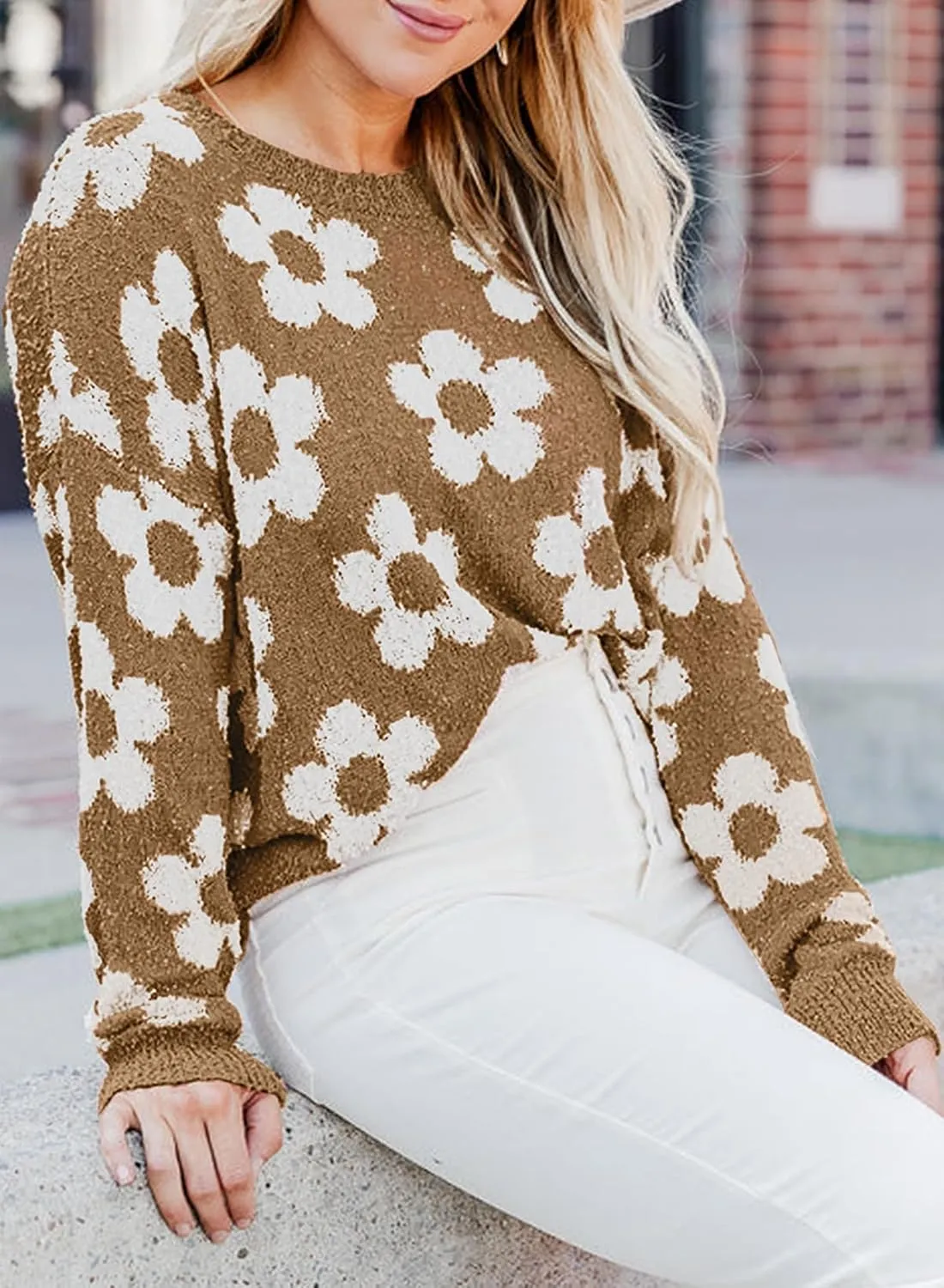 Dokotoo Flowers Sweater Ivory Flora Crewneck Cute Casual Long Sleeve Fall Winter Knitted Pullover Tops