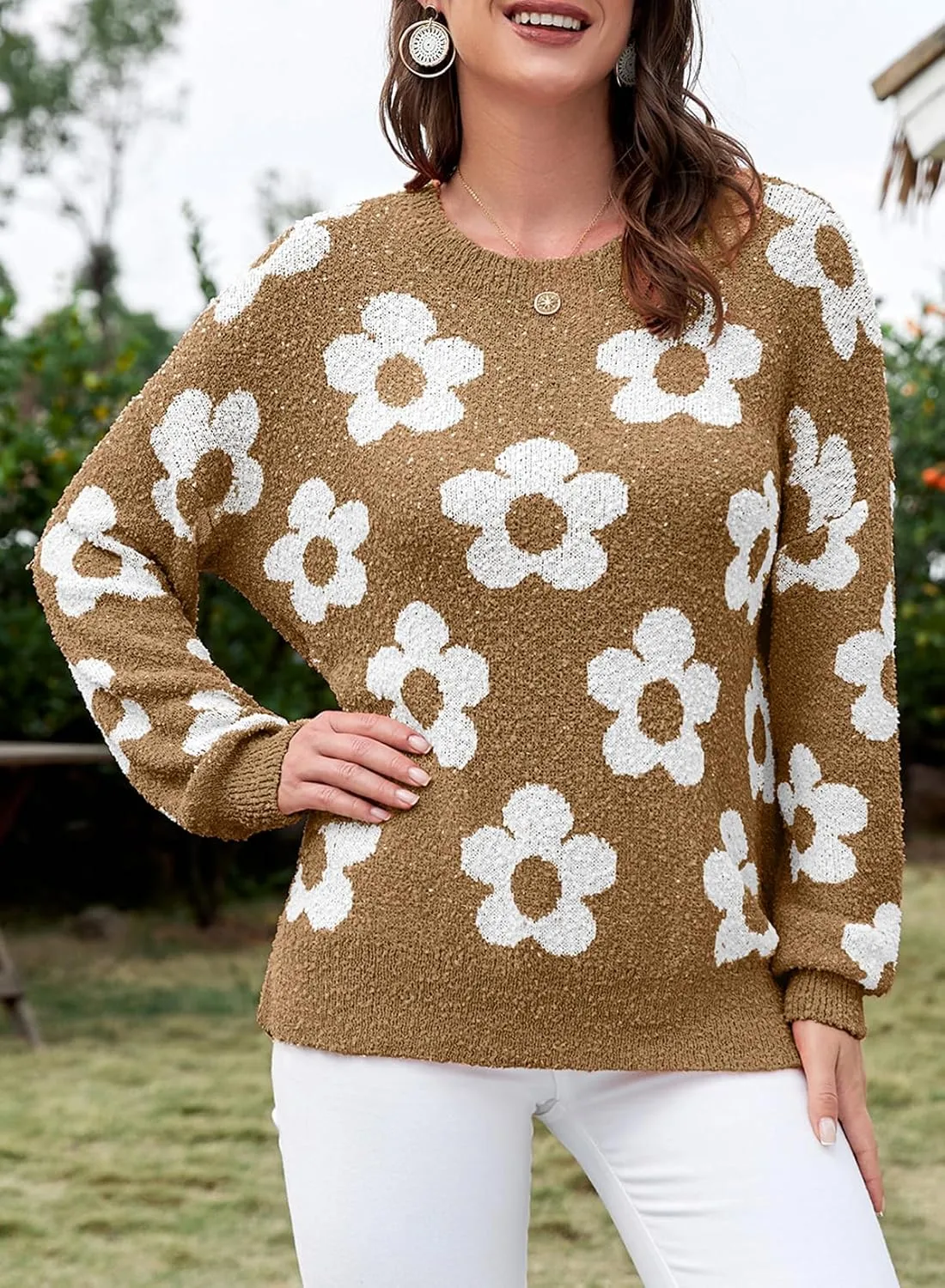 Dokotoo Flowers Sweater Ivory Flora Crewneck Cute Casual Long Sleeve Fall Winter Knitted Pullover Tops