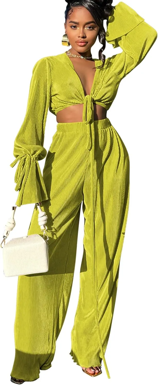 Doweha Two Piece Outfits for Women Summer Cute Plisse Set Outfit Lounge Sets Bell Sleeve Top Pants Sets Sexy 2 Piece Outfits