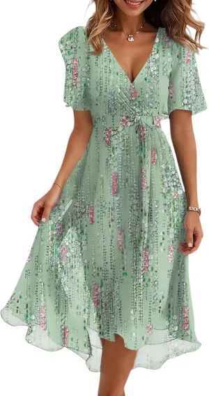 Dresses for Women,Chiffon Sexy Midi Dresses Short Sleeve Flowy Wrap Wedding Guest Womens Summer Dress Cocktail Prom