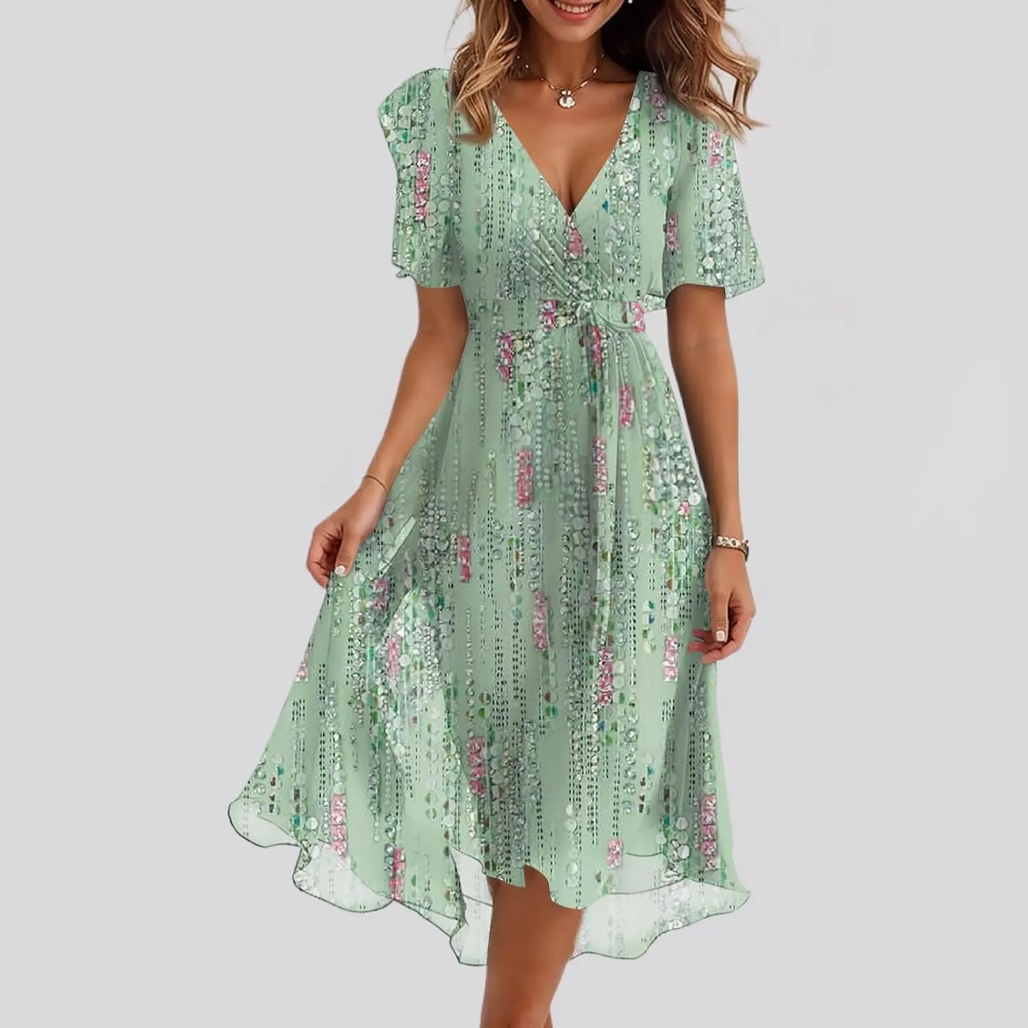 Dresses for Women,Chiffon Sexy Midi Dresses Short Sleeve Flowy Wrap Wedding Guest Womens Summer Dress Cocktail Prom