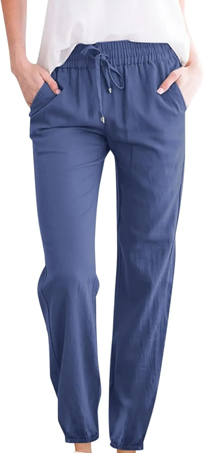 Dressy Casual Linen Pants for Women Comfy Cotton Pant Summer Beach Pants Drawstring Elastic Waist Straight Trousers