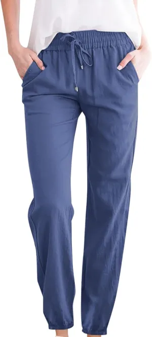 Dressy Casual Linen Pants for Women Comfy Cotton Pant Summer Beach Pants Drawstring Elastic Waist Straight Trousers