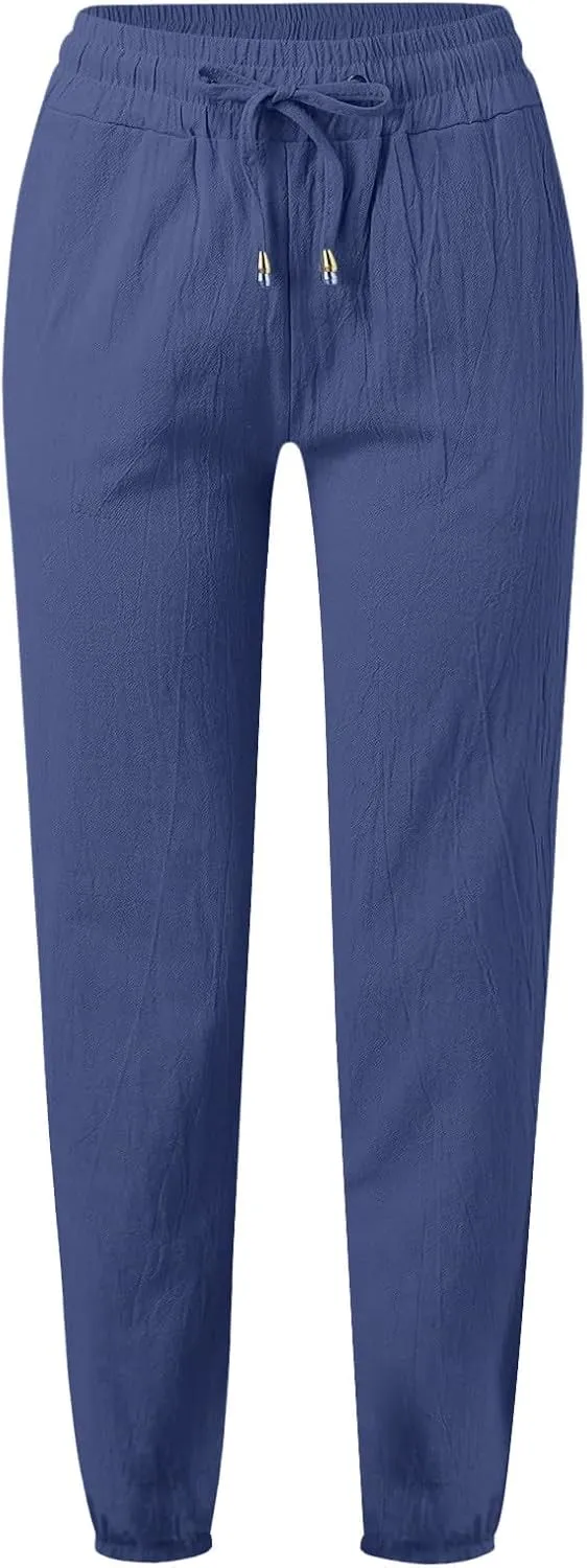 Dressy Casual Linen Pants for Women Comfy Cotton Pant Summer Beach Pants Drawstring Elastic Waist Straight Trousers