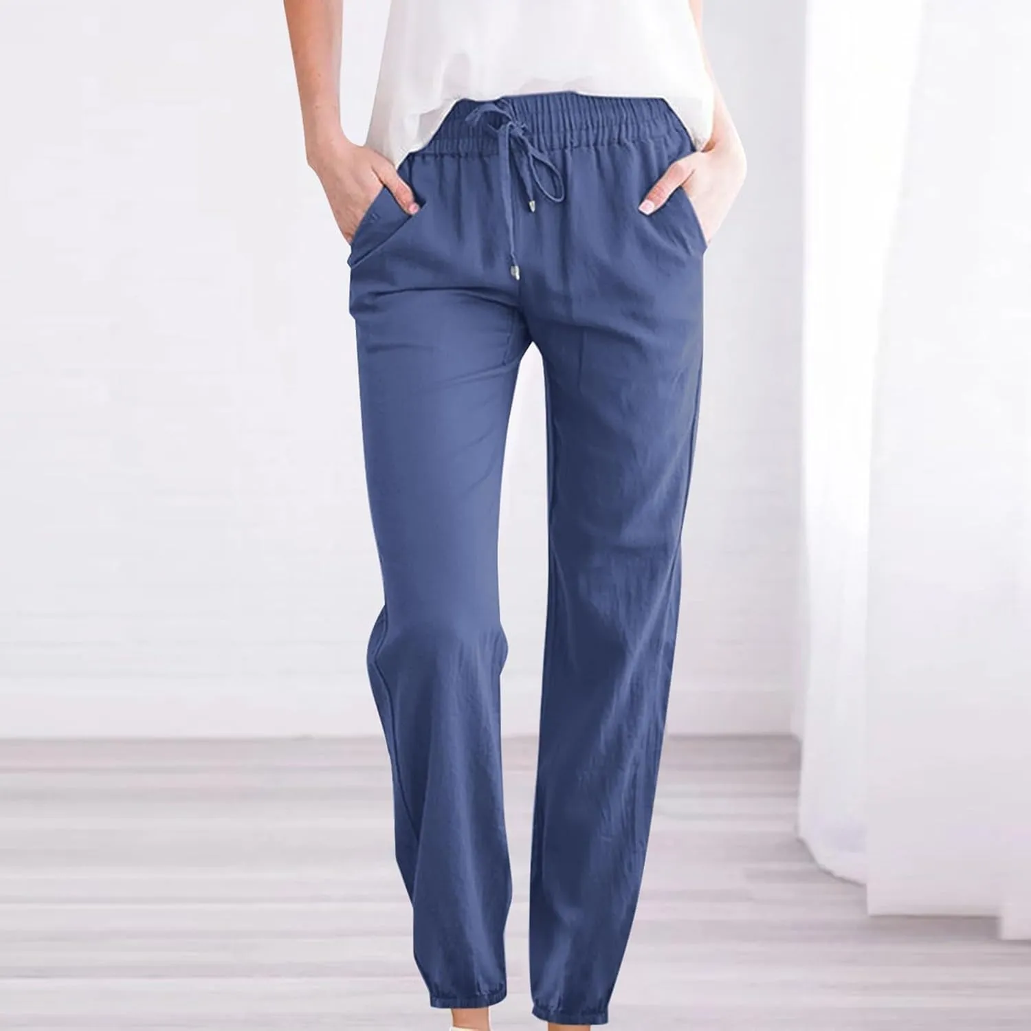 Dressy Casual Linen Pants for Women Comfy Cotton Pant Summer Beach Pants Drawstring Elastic Waist Straight Trousers