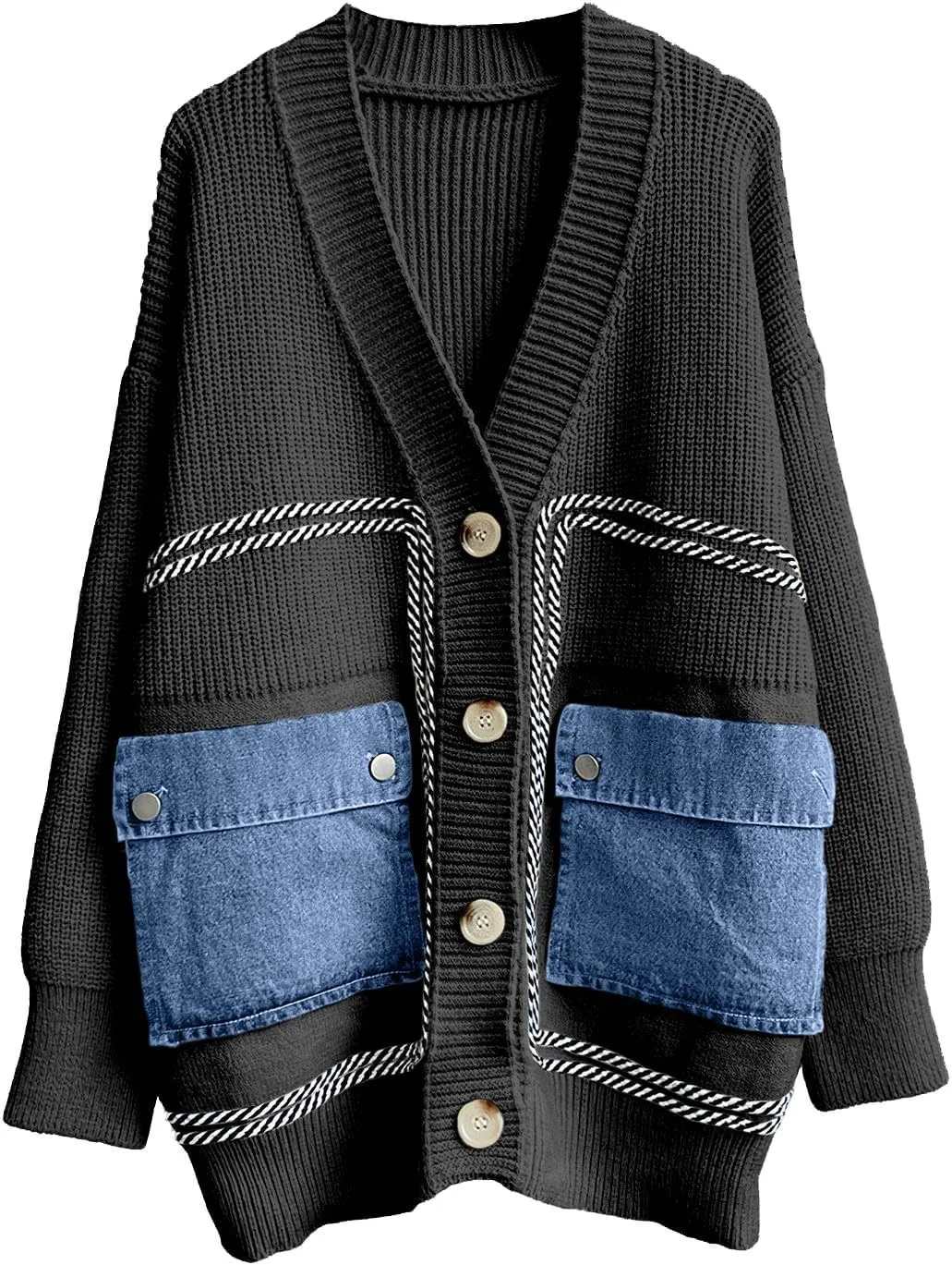 ebossy Women's Spliced Denim Pockets Knit Cardigan Button Down Slouchy Stripe Sweater Outwear