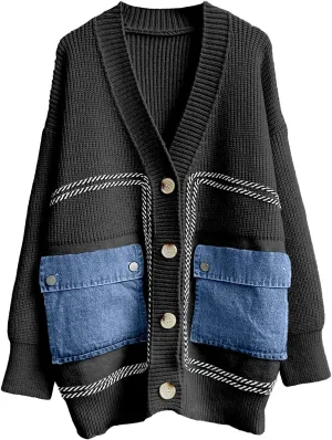 ebossy Women's Spliced Denim Pockets Knit Cardigan Button Down Slouchy Stripe Sweater Outwear