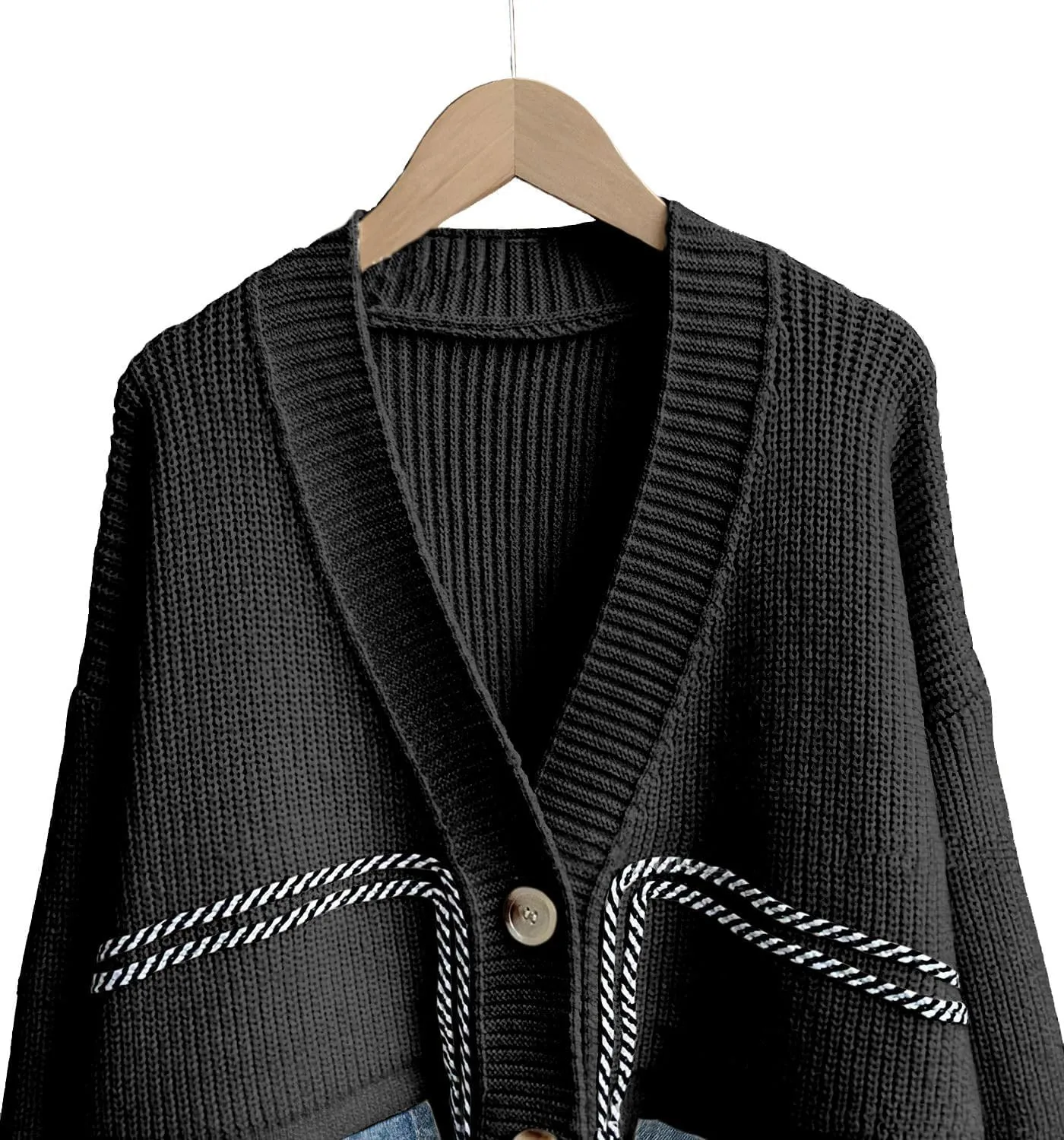 ebossy Women's Spliced Denim Pockets Knit Cardigan Button Down Slouchy Stripe Sweater Outwear