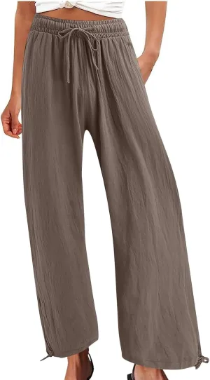 Elastic Waist Linen Pants for Women Drawstring Lounge Pants Summer Lightweight Pants Wide Leg Pants for Dressy