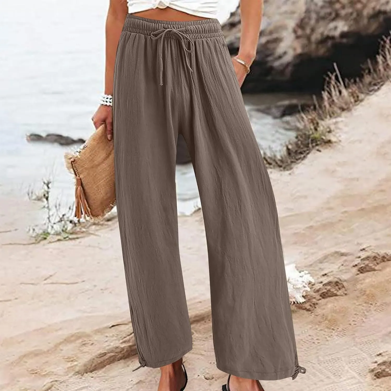 Elastic Waist Linen Pants for Women Drawstring Lounge Pants Summer Lightweight Pants Wide Leg Pants for Dressy