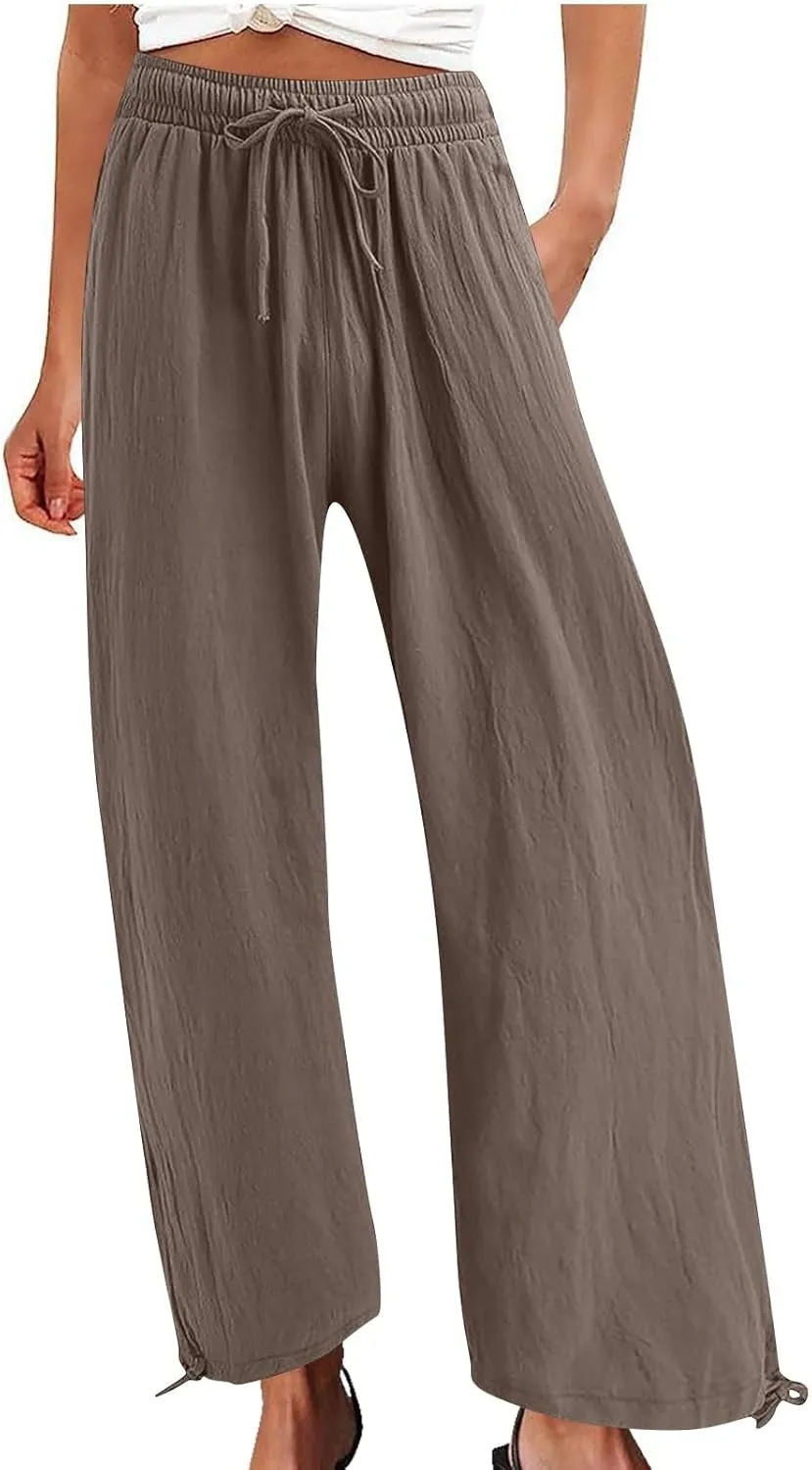 Elastic Waist Linen Pants for Women Drawstring Lounge Pants Summer Lightweight Pants Wide Leg Pants for Dressy