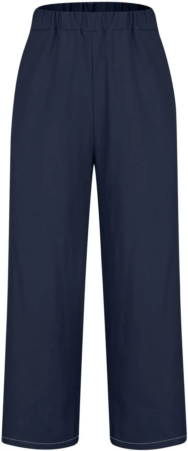 Elastic Waist Pants for Women Trendy 2024 Summer Casual Straight Leg Cotton Linen Pants Cropped Lounge Trousers