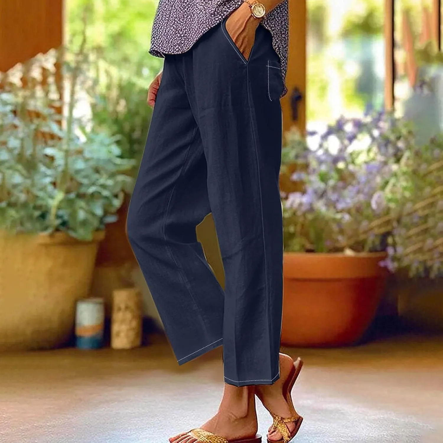 Elastic Waist Pants for Women Trendy 2024 Summer Casual Straight Leg Cotton Linen Pants Cropped Lounge Trousers