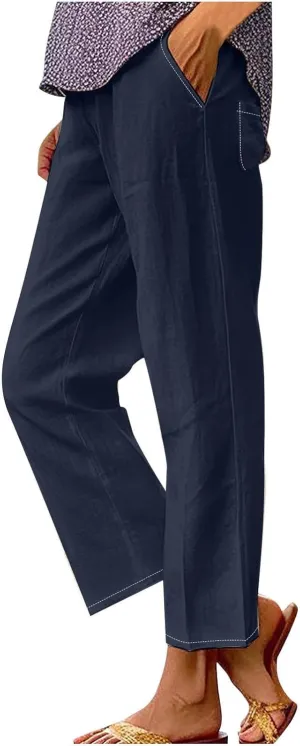 Elastic Waist Pants for Women Trendy 2024 Summer Casual Straight Leg Cotton Linen Pants Cropped Lounge Trousers