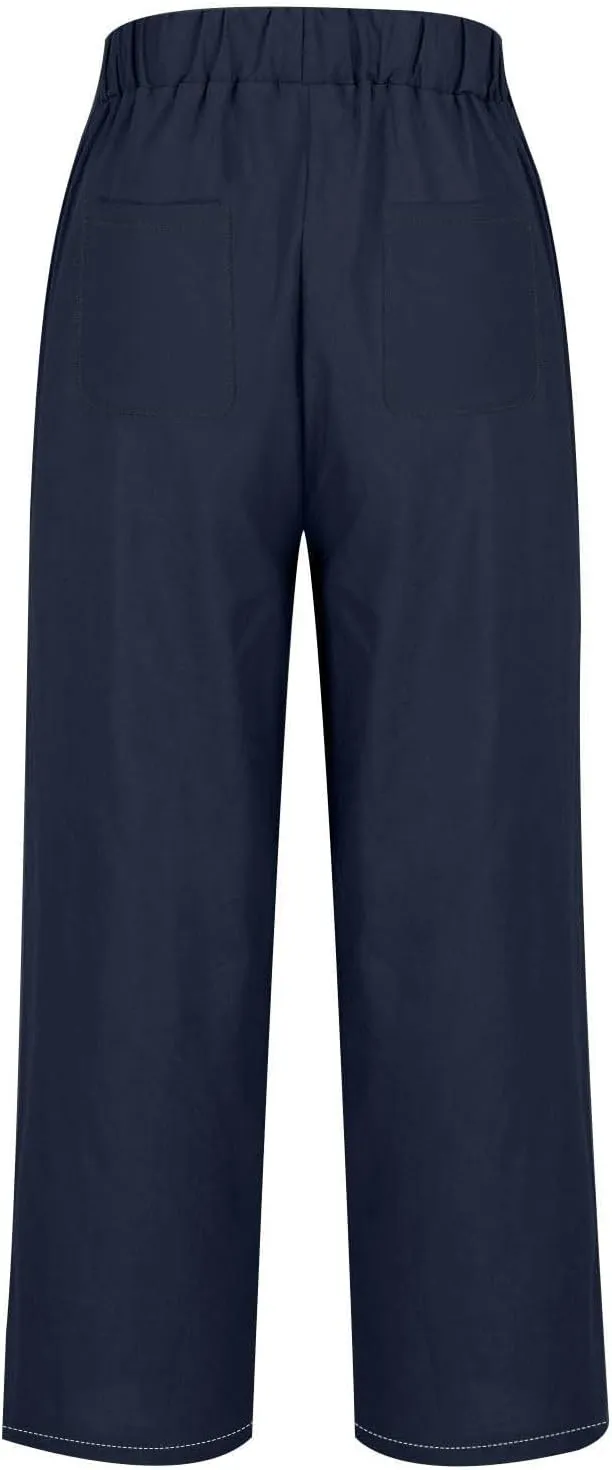 Elastic Waist Pants for Women Trendy 2024 Summer Casual Straight Leg Cotton Linen Pants Cropped Lounge Trousers