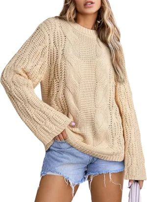 EVALESS Sweaters for Women 2024 Trendy Casual Crewneck Long Sleeve Cable Knit Pullover Sweaters Tops Fall Clothes