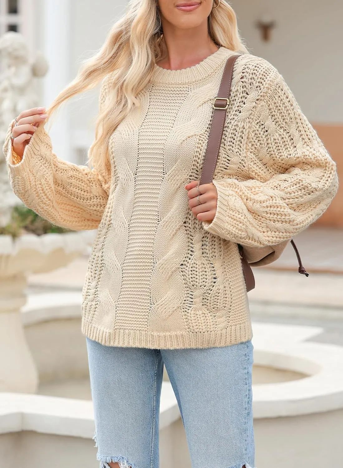EVALESS Sweaters for Women 2024 Trendy Casual Crewneck Long Sleeve Cable Knit Pullover Sweaters Tops Fall Clothes