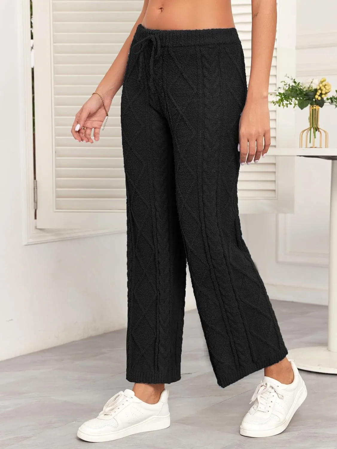 Famulily Womens Cable Knit Chenille Long Pants Casual Drawstring Wide Leg Pants Fleece Warm Pajamas Pants