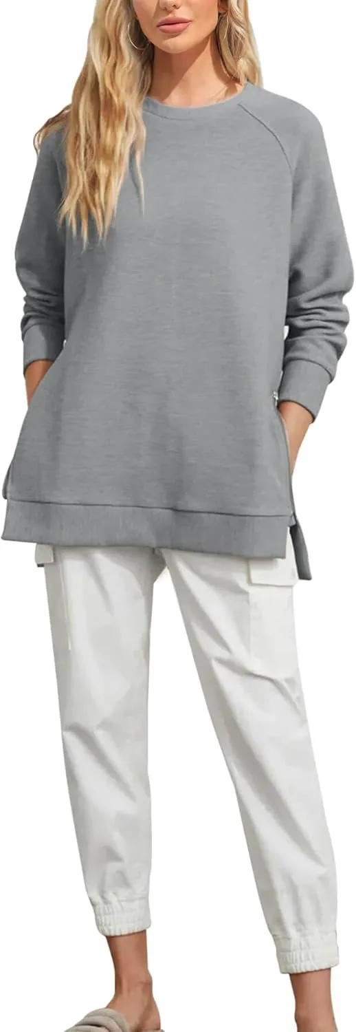 Fazortev Women's Oversized Sweatshirts Long Sleeve Crew Neck Ribbed Pullover Loose Side Zipper Tunic Tops
