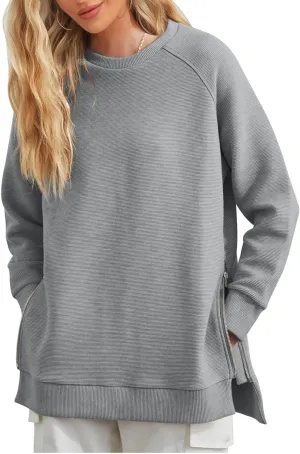 Fazortev Women's Oversized Sweatshirts Long Sleeve Crew Neck Ribbed Pullover Loose Side Zipper Tunic Tops
