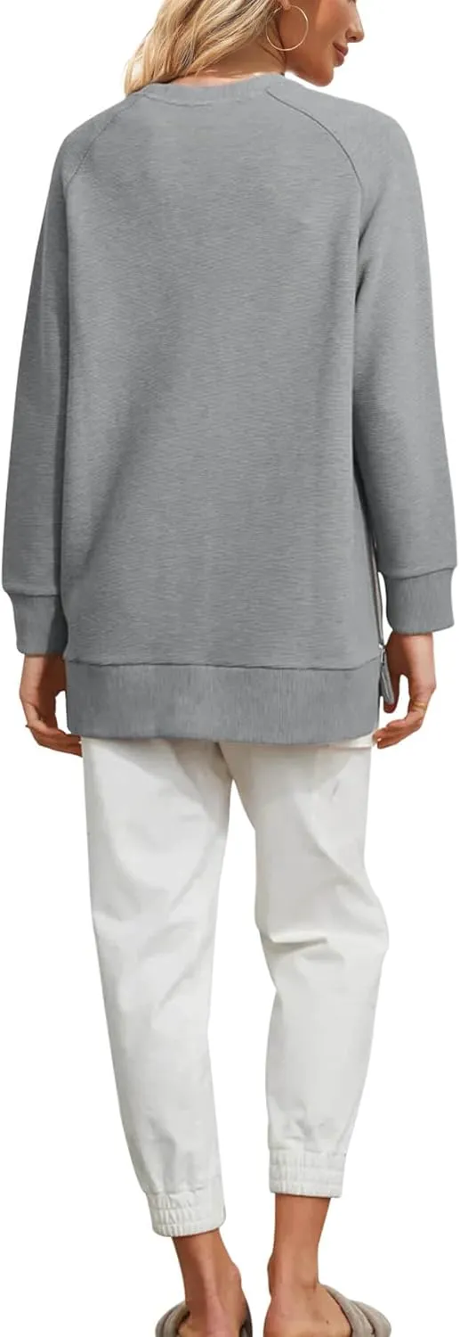 Fazortev Women's Oversized Sweatshirts Long Sleeve Crew Neck Ribbed Pullover Loose Side Zipper Tunic Tops