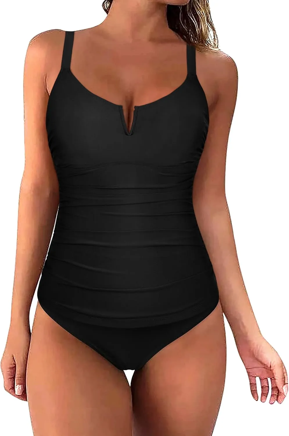 Firpearl Women Underwire Tankini Top Only V Wire Modest Swimsuits Ruched Tummy Control Bathing Suit Tops