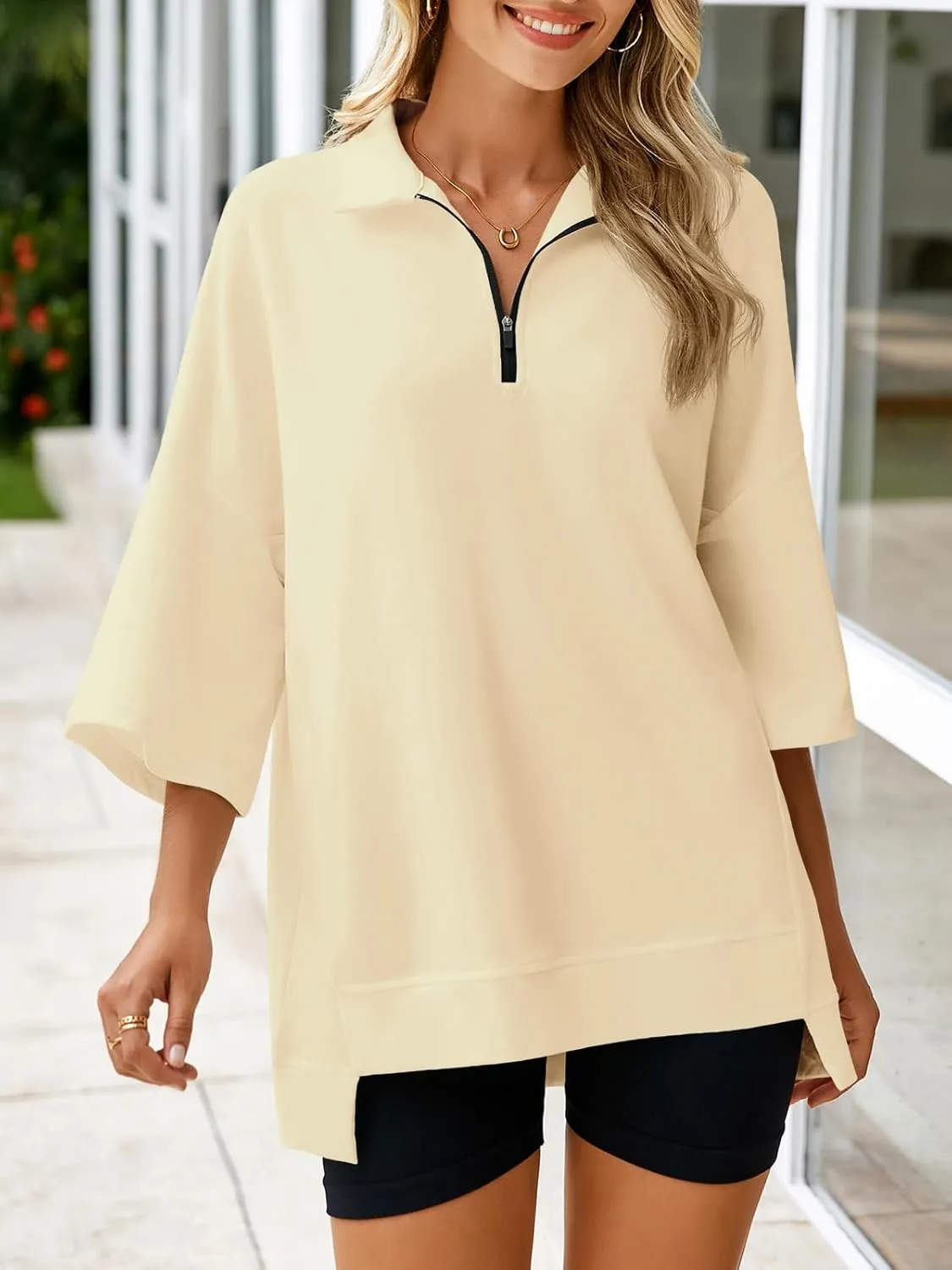 Fisoew Womens Oversized Sweatshirt Casual Zip Up V Neck 3/4 Sleeve High Low Pullover Tunic Tops