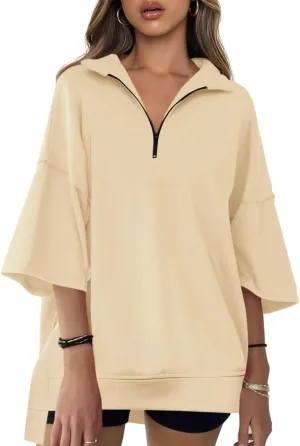 Fisoew Womens Oversized Sweatshirt Casual Zip Up V Neck 3/4 Sleeve High Low Pullover Tunic Tops