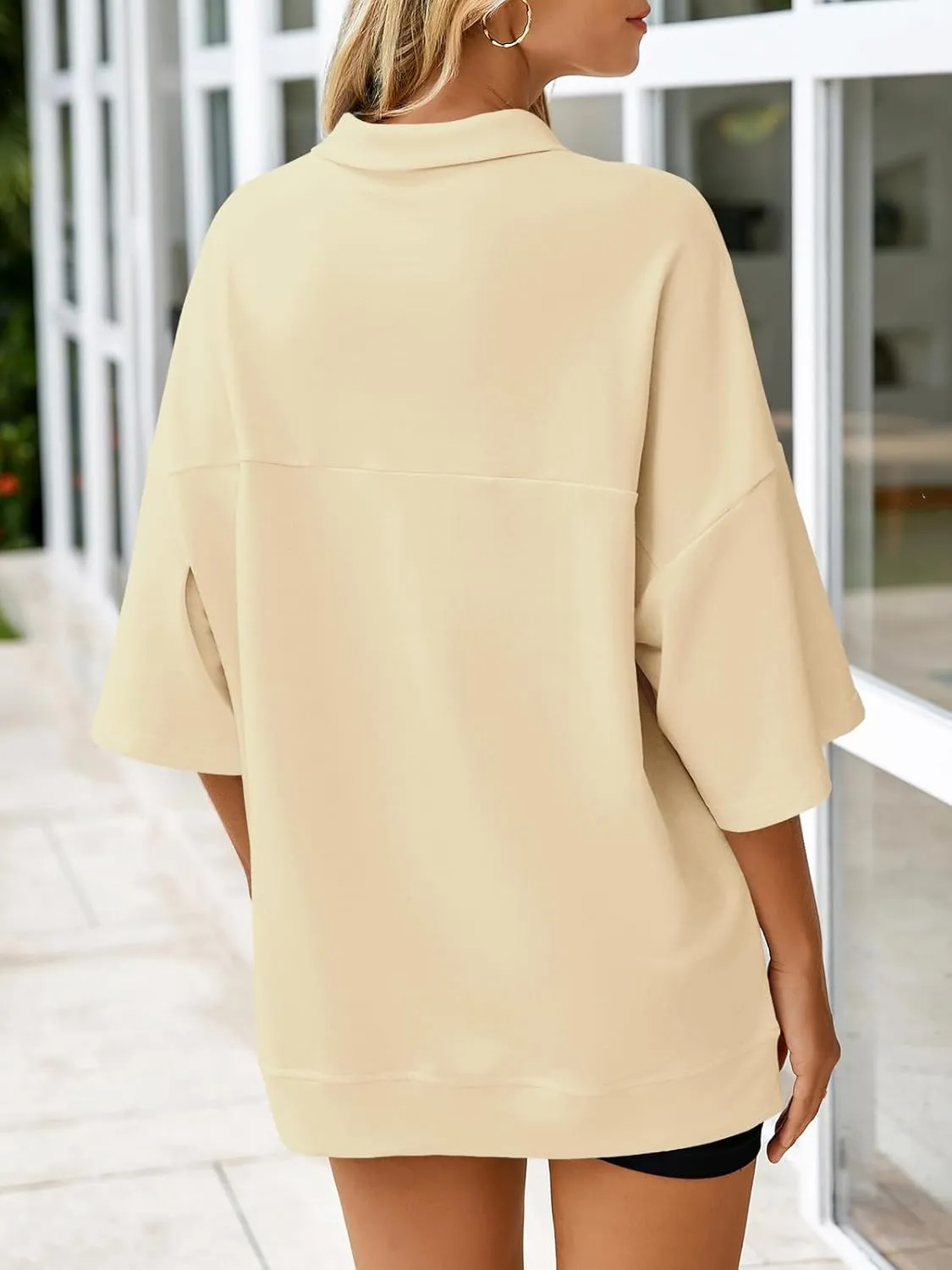 Fisoew Womens Oversized Sweatshirt Casual Zip Up V Neck 3/4 Sleeve High Low Pullover Tunic Tops