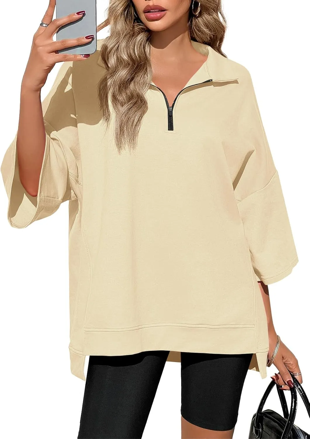 Fisoew Womens Oversized Sweatshirt Casual Zip Up V Neck 3/4 Sleeve High Low Pullover Tunic Tops